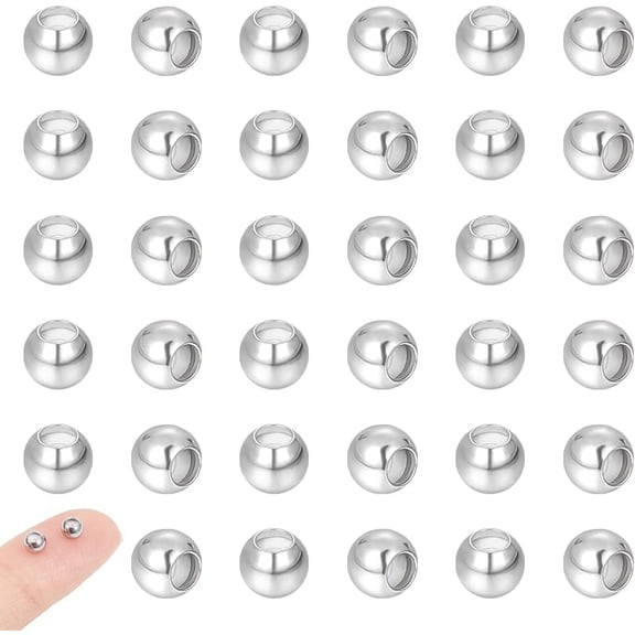 40pcs 4mm Diameter Stainless Steel Positioning Spacer Beads Round Ball Locating Slider Beads Metal Stopper Beads Rubber Slider Loose Beads Adjustable Rondelle Beads for Jewelry Findings Silver