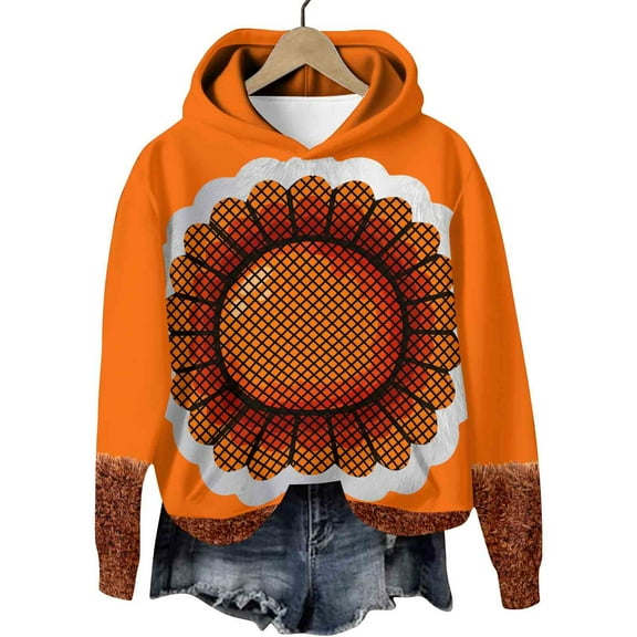 DPTALR George Fall/Winter Unisex Thanksgiving Printed Hooded Pullover Sweater with Pocket,Orange,Big and Tall Men XXL