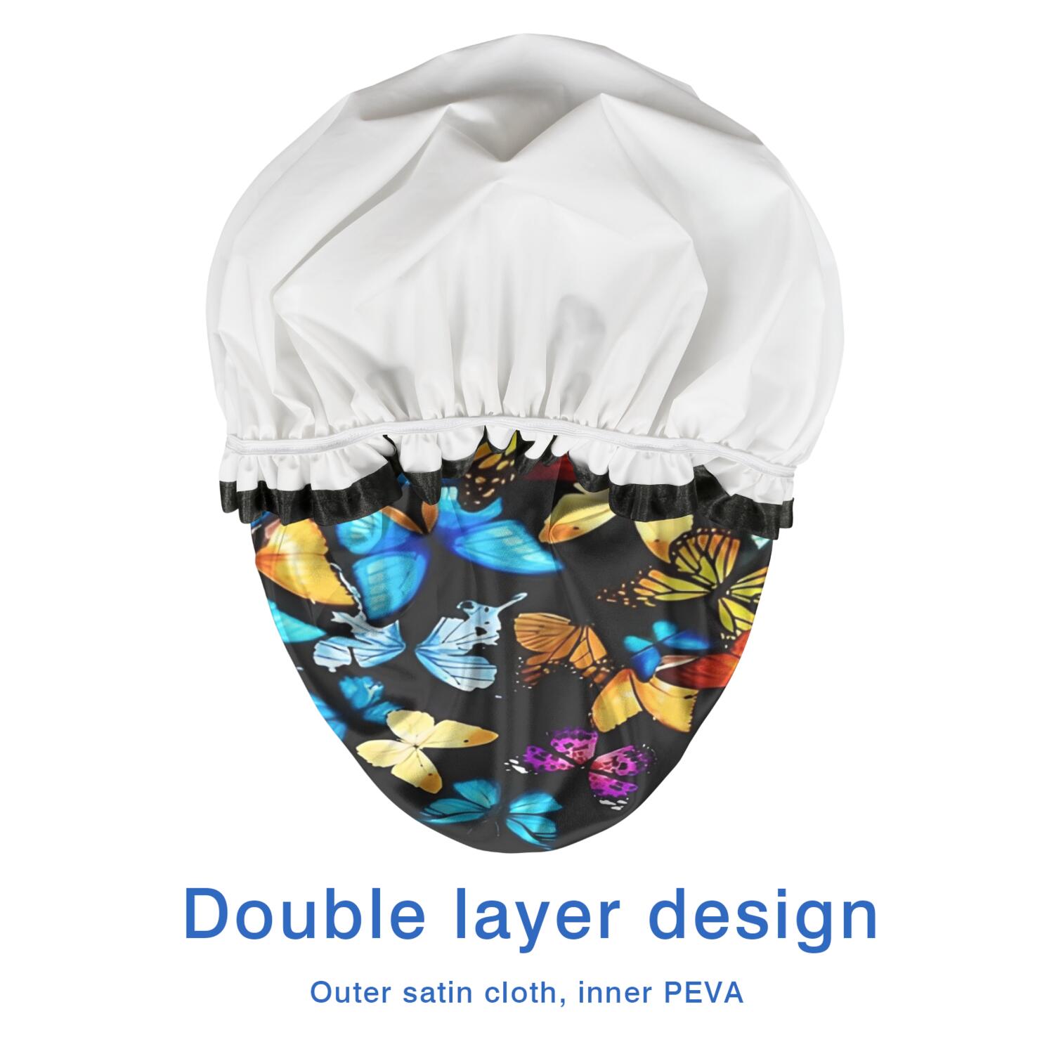 Shower Caps,Black Blue Yellow Butterfly Pattern Waterproof Shower Cap for Women 4 Pieces,Double Reusable Hair Cover for Shower PEVA Elastic Stretch Hem