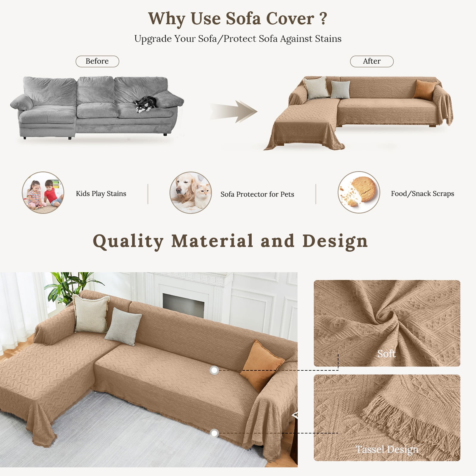 Sanmadrola Couch Cover for 2 Seat Sofa Slipcovers Cover Cotton Knit Cushion Couch Furniture Pet Protector Stylish Throws for Sectional Couch Sofa-2 Seater Geometrical 71''x 118''Khaki 1 Piece