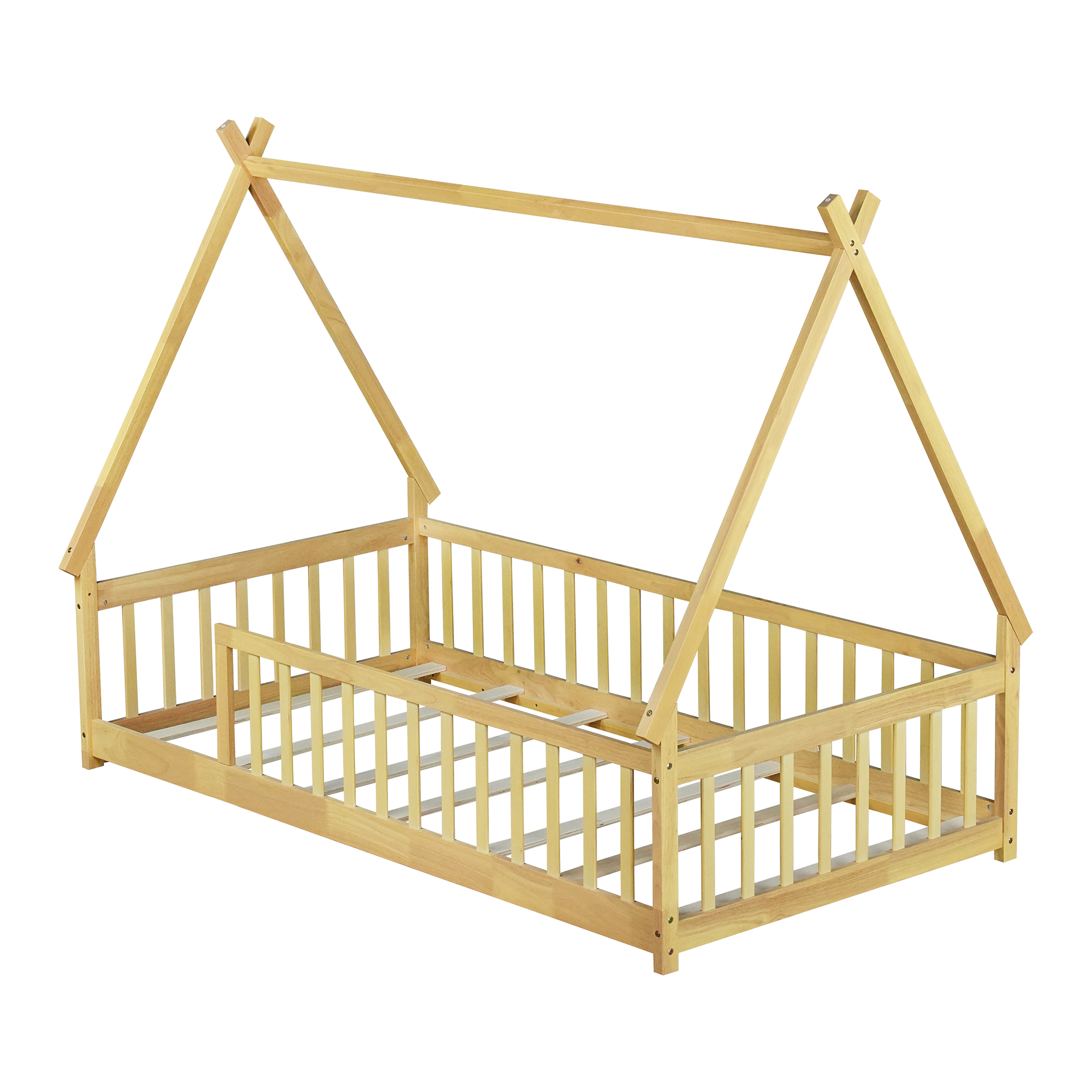 Miniyam Twin Size Floor Bed for Kids with Tent House Frame, Montessori Low Bed with Guardrails, Natural