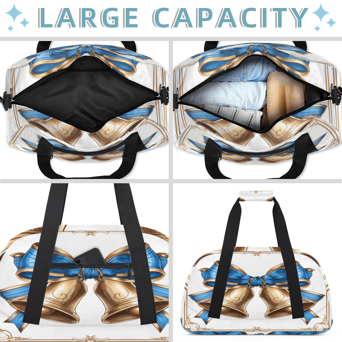 Herdesigns Xmas Bells Sports Duffle Bag for Women & Men, Christmas Gym Bag Dance Bag Overnight Bag Carry On Weekender Travel Bag