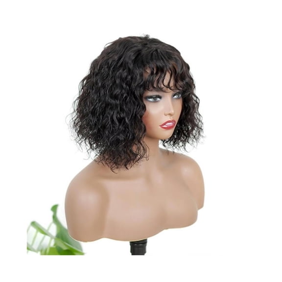 Water Wave Wig With Bangs Human Hair Look Bang Wig 180% Medium Length Curly Wigs