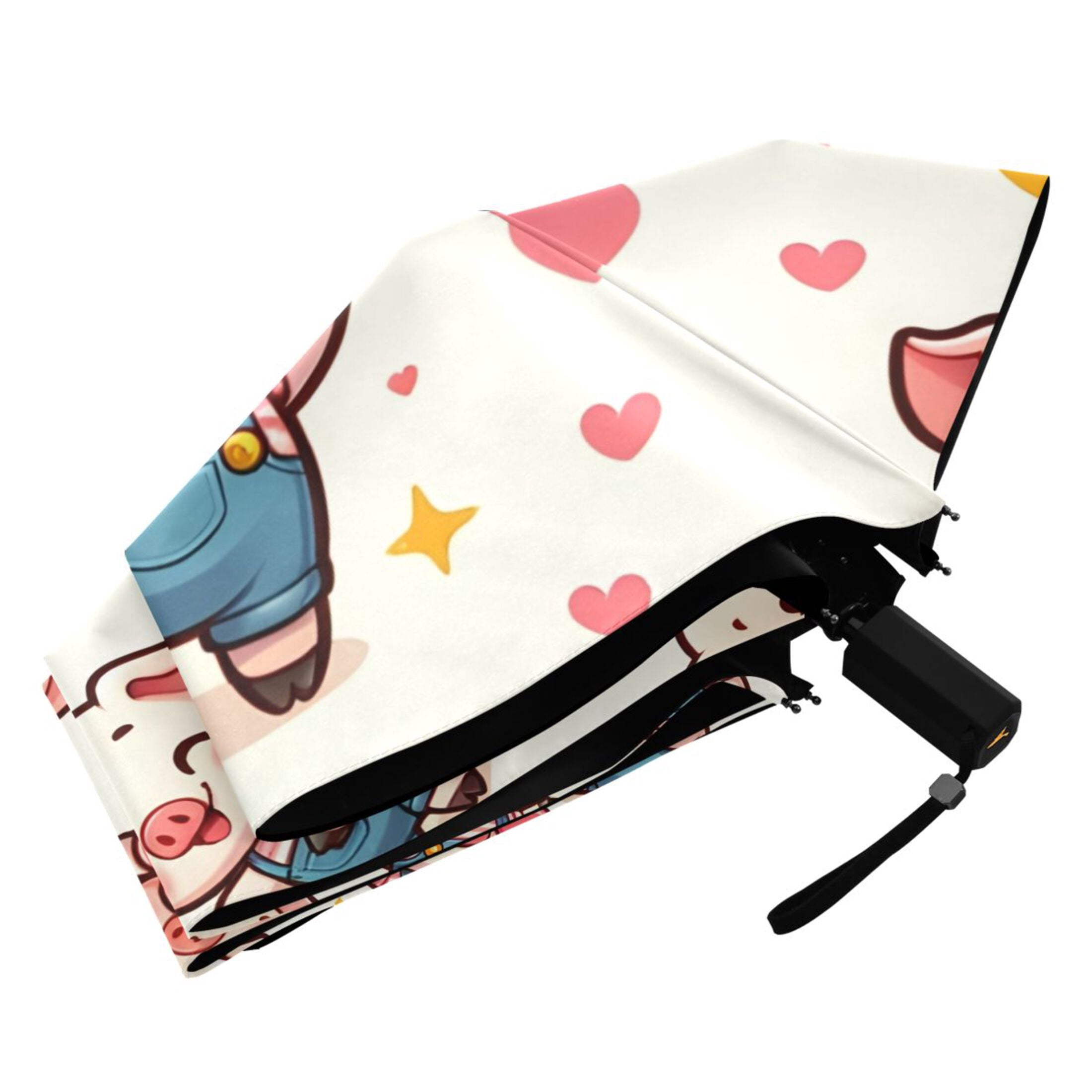 Cute Pig with Heart Compact Sun Umbrella Windproof Travel Umbrellas for Rain Strong Portable UV Protection