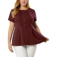 thumbnail image 2 of Women's Plus Size Top Pintuck Half Placket Button Front Round Neck Peplum T Shirt Burgundy 3X, 2 of 7