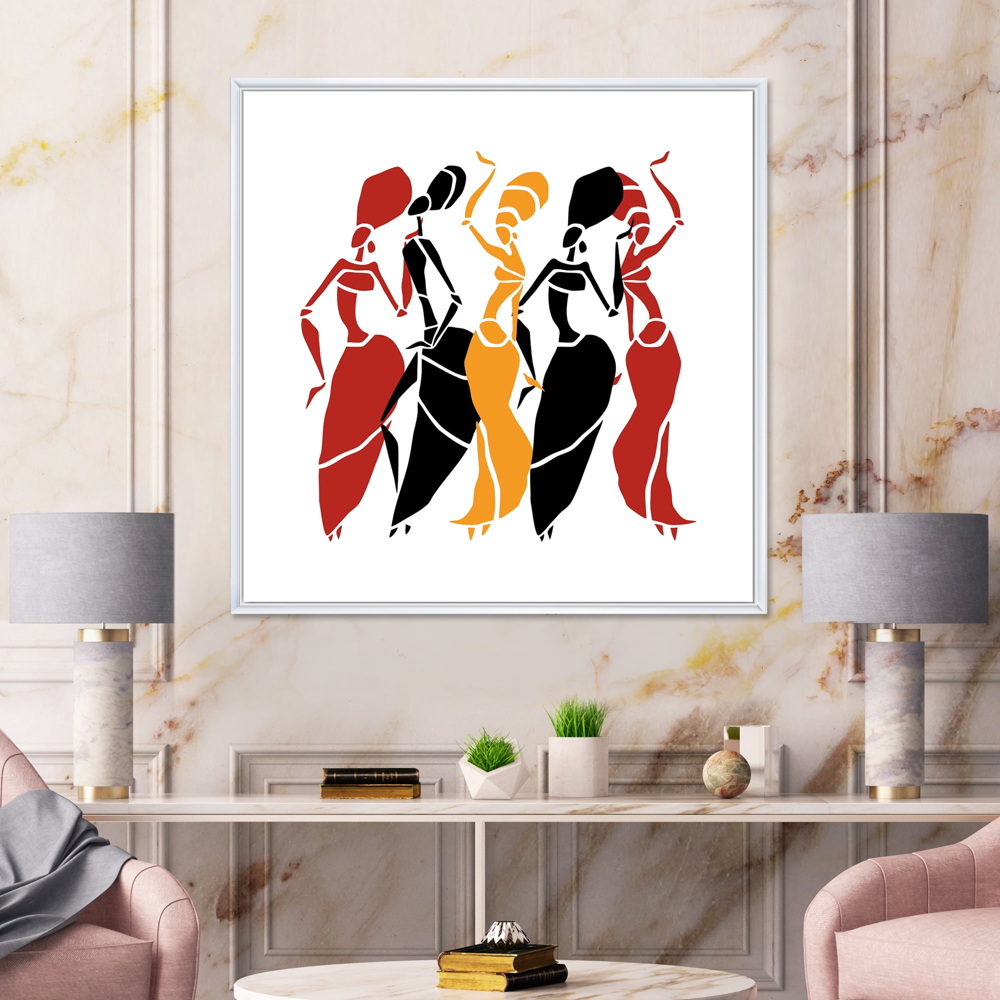 Designart 'Beautiful Red Black and Yellow Dancers Afro American Silhouettes' Modern Framed Canvas Wall Art Print