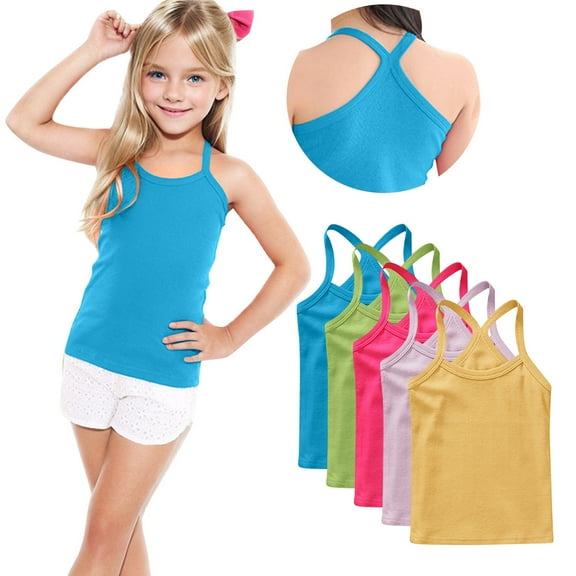 FamilyThread 5 Pack Girls Tank Tops Solid Sleeveless Undershirts Scoop Neck Undershirts Soft Tops For 1-13Y