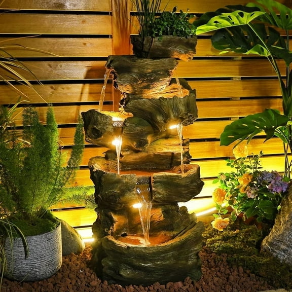 5-Tier Outdoor Rock Waterfall Fountain with LED Lights, Large Cascading Garden Water Feature for Patio, Porch, Yard