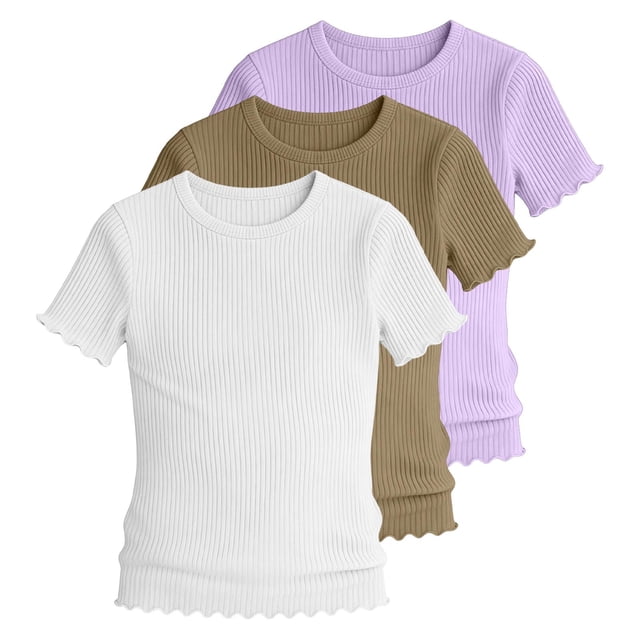 KyCheLot 3 Pack Ribbed Knit Tops for Girls Crew Neck Solid Color Short Sleeve T-Shirts Trendy Ruffle Trim T-Shirts