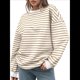 thumbnail image 2 of Sudadera de Cuello Redondo A Rayas de Gran Tamaño para Mujer, Jersey de Larga con Bloques de Color, Camiseta Informal Holgada para Hacer Ejercicio, Color Caqui L, 2 of 6