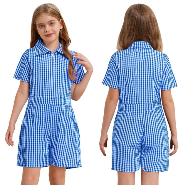 vastwit Combinaison Décontractée à Carreaux pour Filles, Col à Revers, Été, avec Poche, une Pièce, Courte, Bleue 8