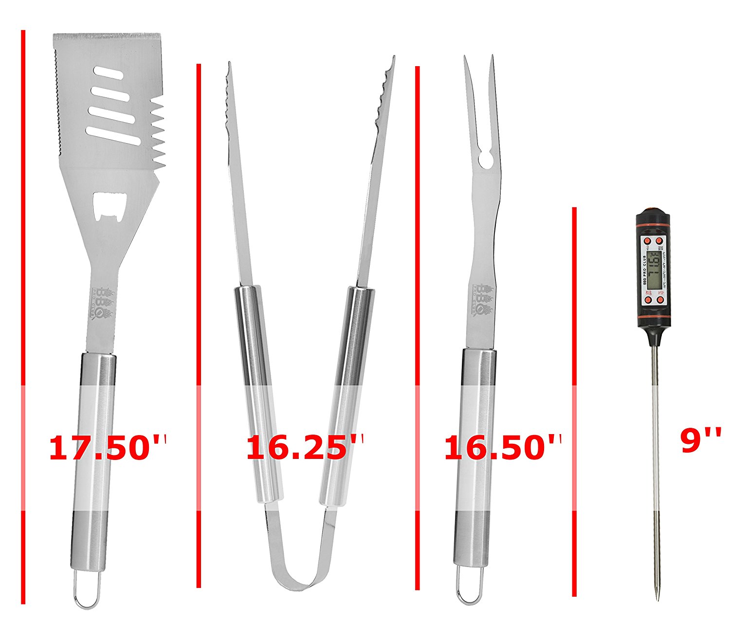 Grill Accessories, 4 piece BBQ Tool Grill Set - Grill Tools Includes Stainless Steel Metal Spatula, Fork, Tongs and Instant Read Meat BBQ Thermometer, Great For Gifts - By BBQ Pro Club - image 3 of 7