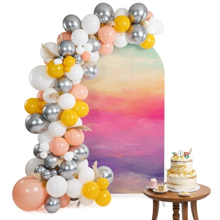Romantic Sunset Arch Backdrop Cover 4FT Boho Purple Red Yellow Ombre Cloud Art Wave Spandex Fitted Arch Covers Stretchy Backdrop Decoration for Wedding Birthday Graduation Party
