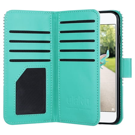 New iPhone SE Wallet Case 2020, iPhone 8/7 Case,ULAK Premium PU Leather Flip Case w/ Kickstand Card Holder ID Slot Hand Strap Shockproof Cover for Apple iPhone New SE/7/8,Minimal Mint Stripes