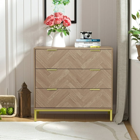 Eumyviv 3 Drawer Dresser, Oak Dresser Chest of Drawers Nightstand Storage Dresser for Living Room Bedroom Hallway, Oak H0037