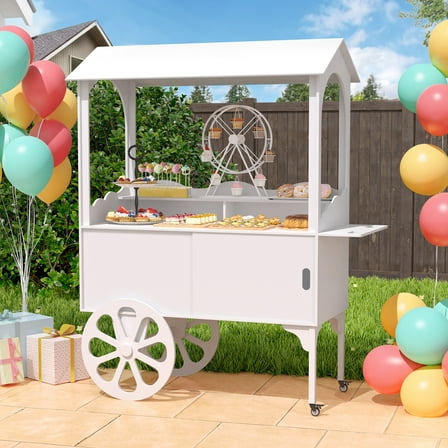 Candy Cart with Wheels for Party，Wood Dessert Cart with Storage Cabinet