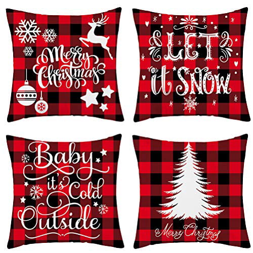 Black & White Plaid Red Snowflake/ Christmas/Winter 18 x 18 Flannel Pillow Cover 