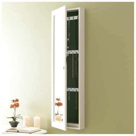 Wallmount Jewelry Storage With Mirrored Door, Frosty White