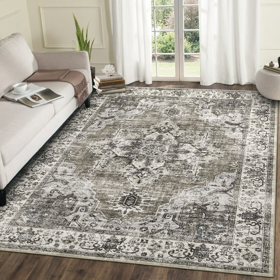 Assaile 5 x 7 ft Polyester Area Rugs, Brown Runner Flower Printed, Indoor Soft Washable Modern Rugs for Entryway Living Room