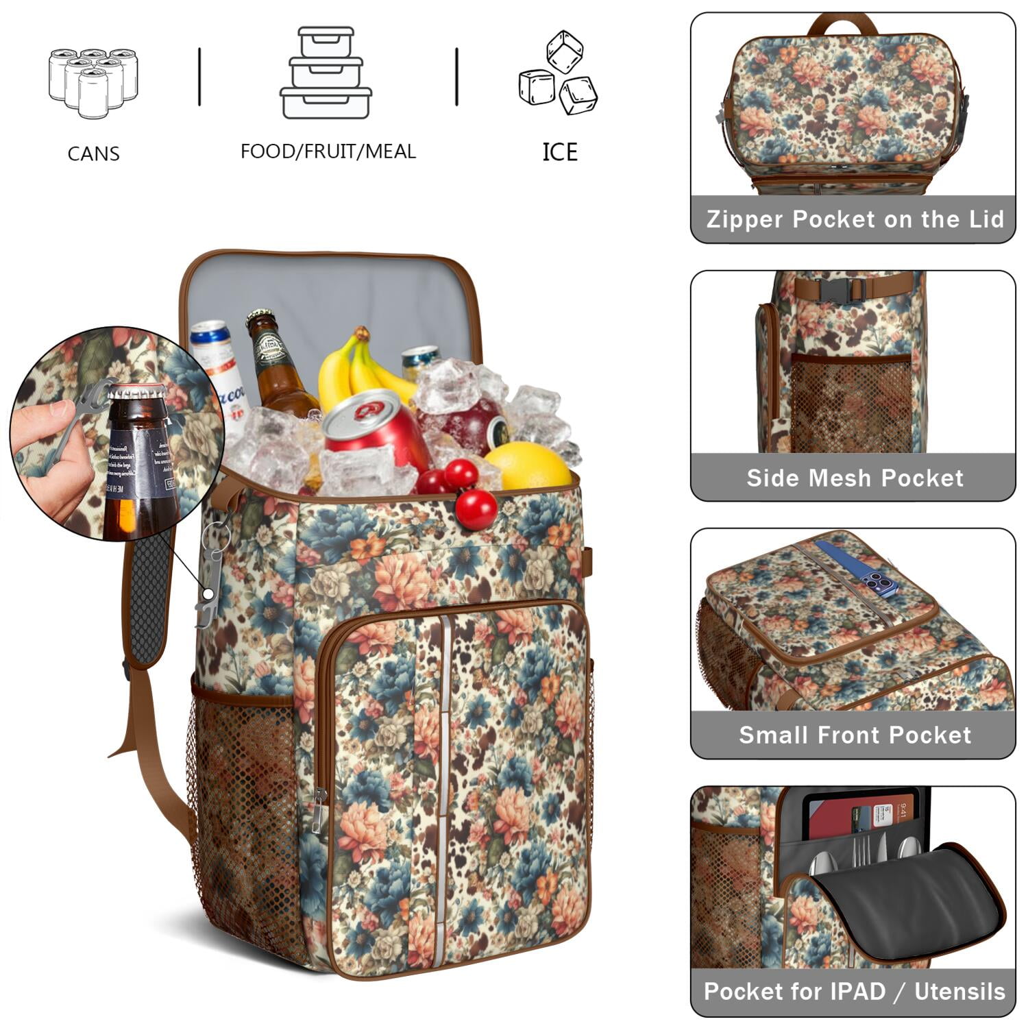 Travel Cooler Bag - Pioneer Flower Floral Print Pattern Camping Beer Cooler Backpack with Bottle Opener- Waterproof Insulated Picnic Backpacks - Cooler Bag for Beach