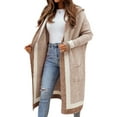 thumbnail image 2 of Women'S Color Block Vertical Striped Open Front Oversized Hooded Long Cardigan Sweaters with Pockets Light Khaki S, 2 of 8
