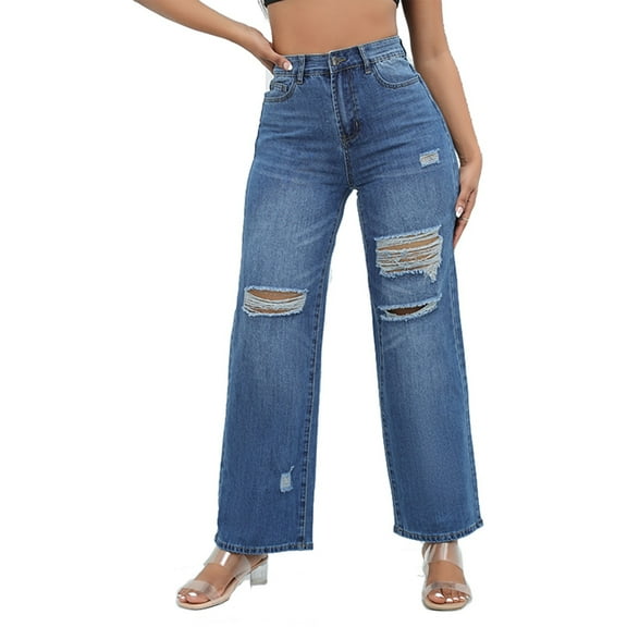 Womens High Waisted Wide Jeans Stretchy Distressed Straight-leg Ripped Denim Pants