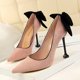 thumbnail image 3 of Nuevos zapatos de tacón dulce para mujer, zapatos de boda finos para mujer, tacón alto de gamuza, boca baja, puntiagudos, lazo de colores, bombas individuales, 3 of 5