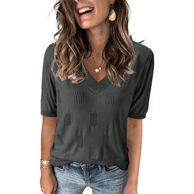 Arach&Cloz Women's V-Neck Short Sleeve Special Rib Knitted Pattern Casual Tops Sweater Spring Summer 2025