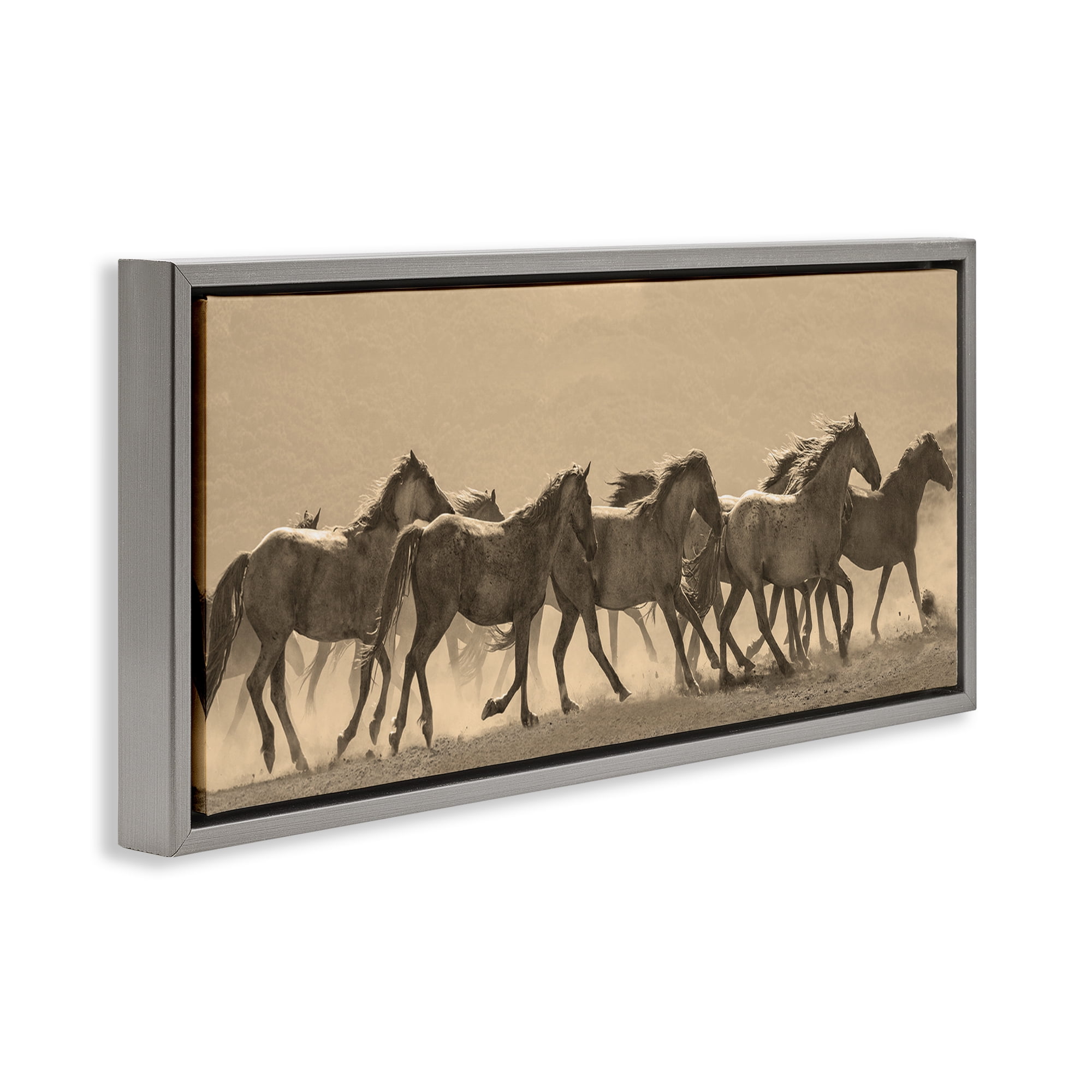 Stupell Industries Western Horses Gallop Animals Photography Gray Floater Framed Canvas Art Print Wall Art, 25 x 11