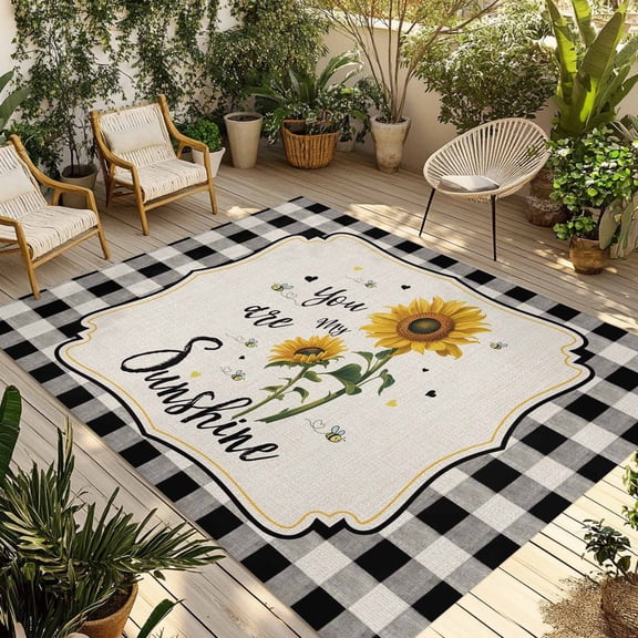 Sunflowers Outdoor Rug for Patio/Deck/Porch, Non-Slip Large Area Rug 5 x 7 Ft, Yellow Floral Botanical Black White Checkered Rustic Indoor Outdoor Rugs Washable Area Rugs, Camping Rug Carpet Runner