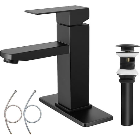 

Black Bathroom Faucet with Sink Pop Up Drain Stainless Steel Bathroom Faucets for Sink 1 or 3 Holes Matte Black Vanity RV Lavatory Faucet with Single Handle Deck Plate Water Supply Hoses