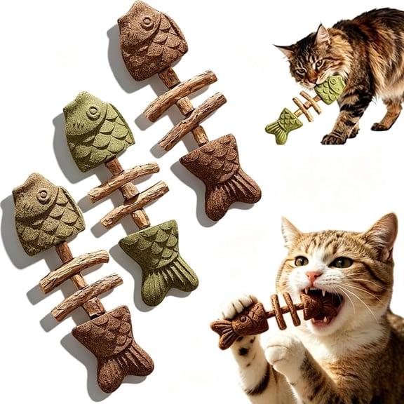Catnip & Silvervine Chew, Natural Fishbone Wooden Cat Dental Chew Toy, Teeth Cleaning Stick Improves Cat Oral Health, Interactive Kitten Chewing Play Toy for All Breeds Cats (1, 3pcs)
