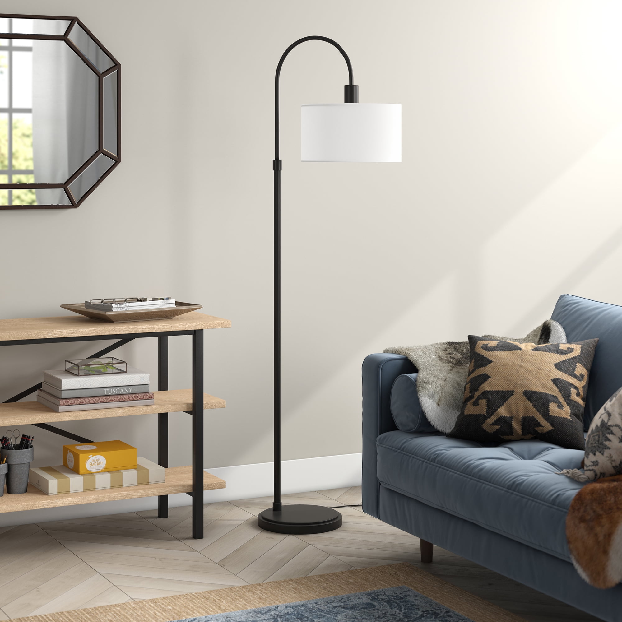 Evelyn&Zoe Veronica Arc Floor Lamp with Fabric shade in Blackened Bronze/White