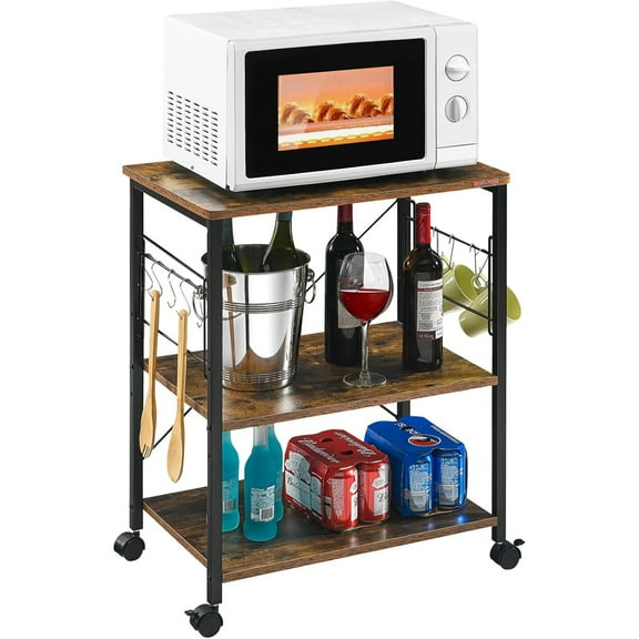 HiiKaa 23.7'' Microwave Cart for Small Space with 10 Hooks,3-Tier Coffee Cart Rolling Kitchen Utility cart Microwave Stand on Wheels,Rustic Brown