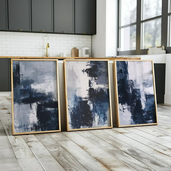 Luvia Dark Blue And Grey Shades Abstract Wall Art, Set Of 3 Wall Art, Brush Strokes Art Print Modern Blue Minimalist, Modern Wall Decor Set 3 Prints 8x12 UNFRAMED