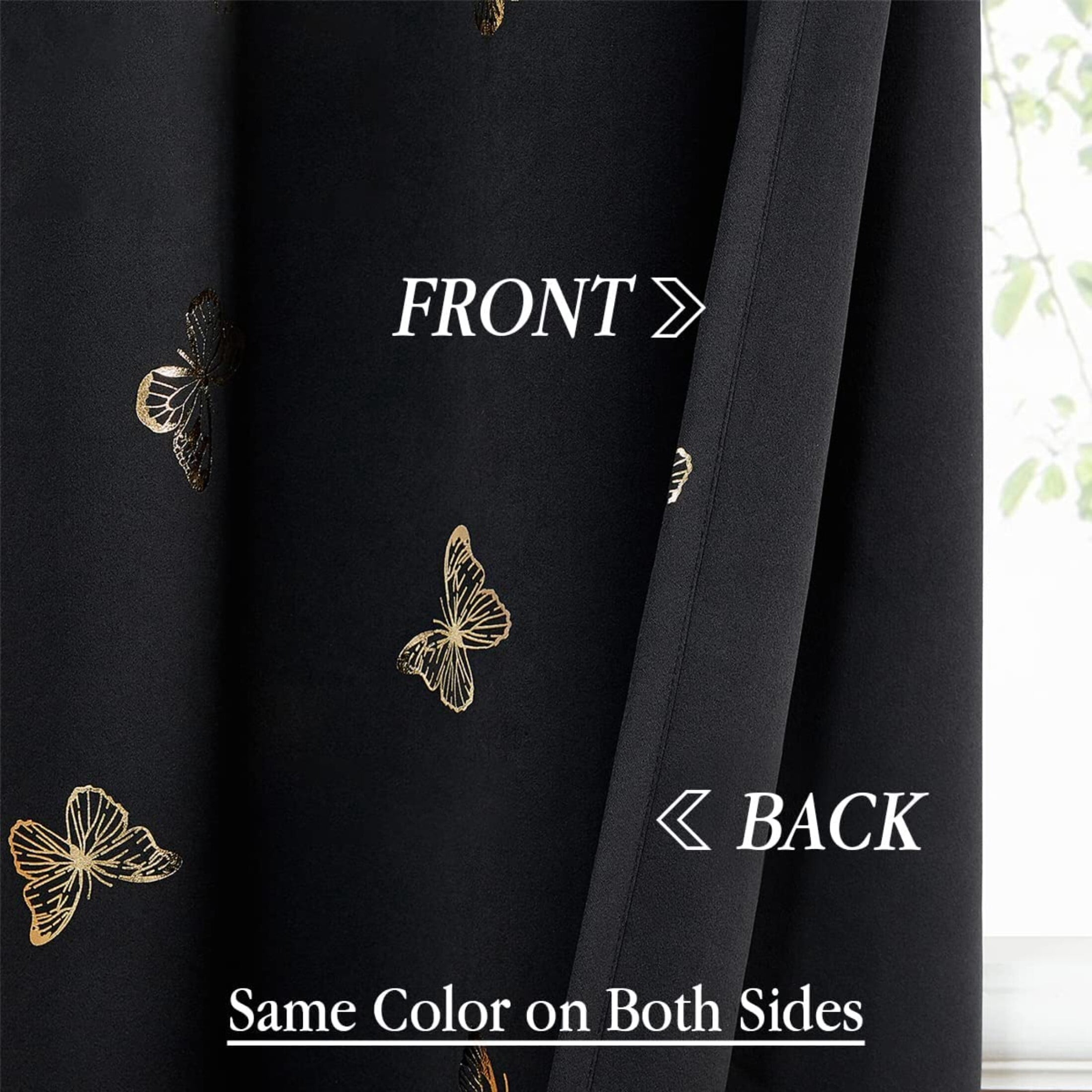 Flowpartex Butterfly Blackout Curtain Panels Set of 2 for Living Room Darkening Black and Gold Foil Print Grommet Top Window Drapes for Nursery Kids Bedroom, 63"L×52"W