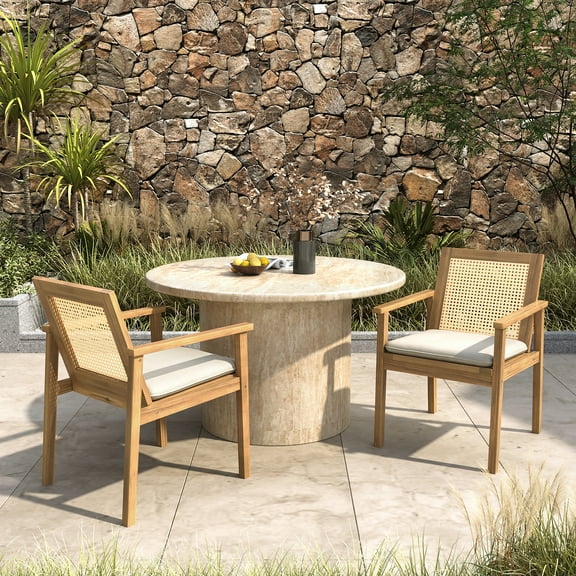 Christopher Knight Home Mid-century Modern Acacia Wood Patio Dining Chairs with Cushions, Wicker Backrest, Set of 2