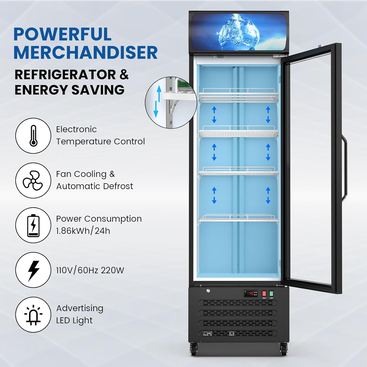 12 Cu Ft Commercial Beverage Fridge w/ Glass Door & LED Light - Freestanding Display Cooler for Shop, Restaurant, Business
