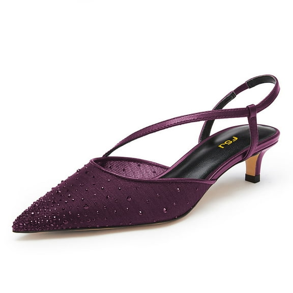 FSJ Women Graceful Kitten Low Heels Studded Rhinestone Mesh Pumps Pointed Closed Toe Elastic Strap Slingback Sandals Wedding Shoes Size 8 Purple