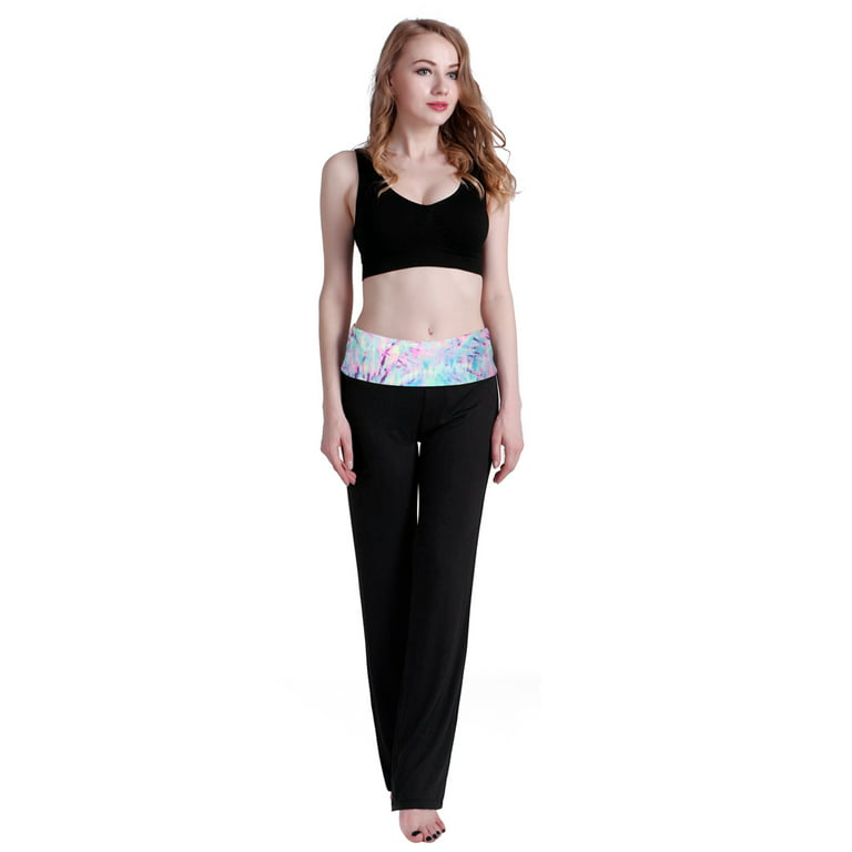 HDE Womens Color Block Fold Over Waist Yoga Pants Flare Leg Workout  Leggings Pink Marble/Black