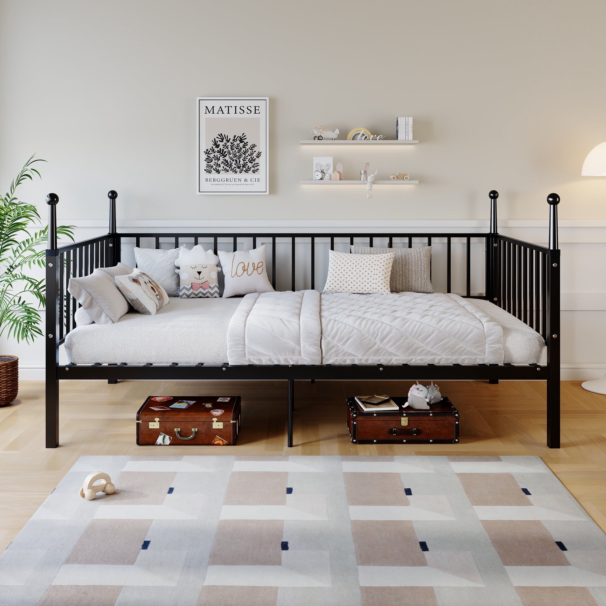 Leumius Twin Size Metal Bed Frame with Bed Posts,Sturdy and Durable,No Spring Mattress Required,Black