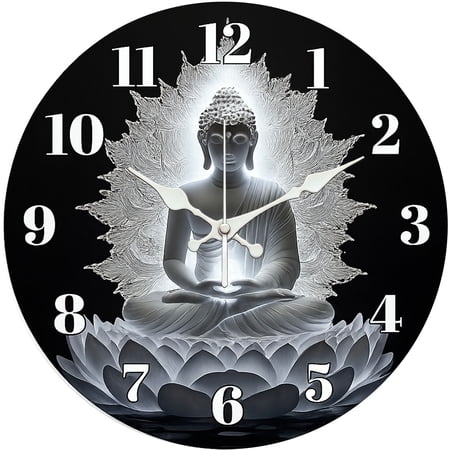 Hoease 10 Inch Silent Wall Clock, White Buddha Lotus Zen Decorative Wall Clock, Battery Operated Non-Ticking Round Clock for Living Room Bedroom Buddhist Home Decor
