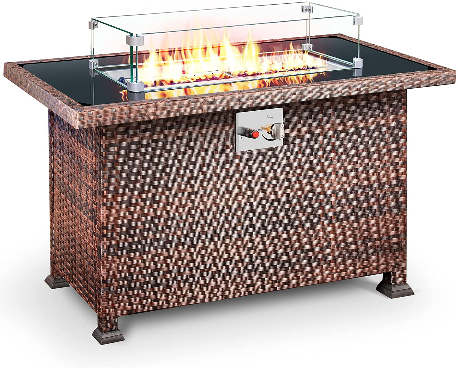 Glass Beads Auto-Ignition CSA Approved 36 Inch Outdoor Propane Large Fire Pit Table for Deck Outside Square Aluminum Gas Fire Pit Fireplace for Patio 60,000 BTU with Rattan Wicker Wind Guard Cover 