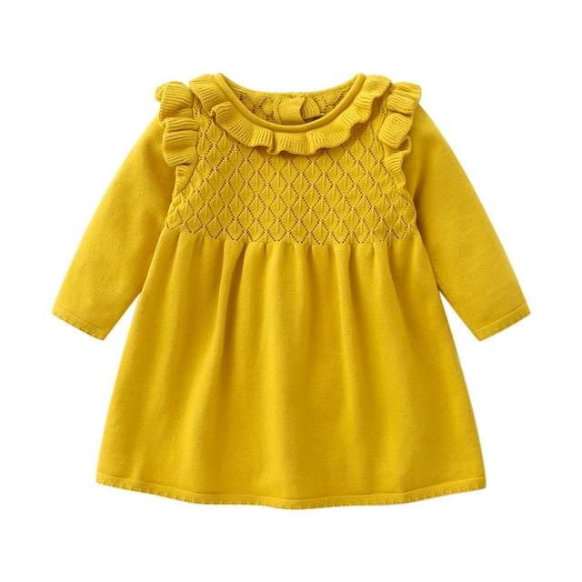 MEZZALL Bébé Enfants Tout-Petits Filles Chandail Tricoté Uni Printemps Hiver Manches Longues Épais Robe Princesse Tricot Loisirs Robe d'Été, Jaune, 3-4 Ans