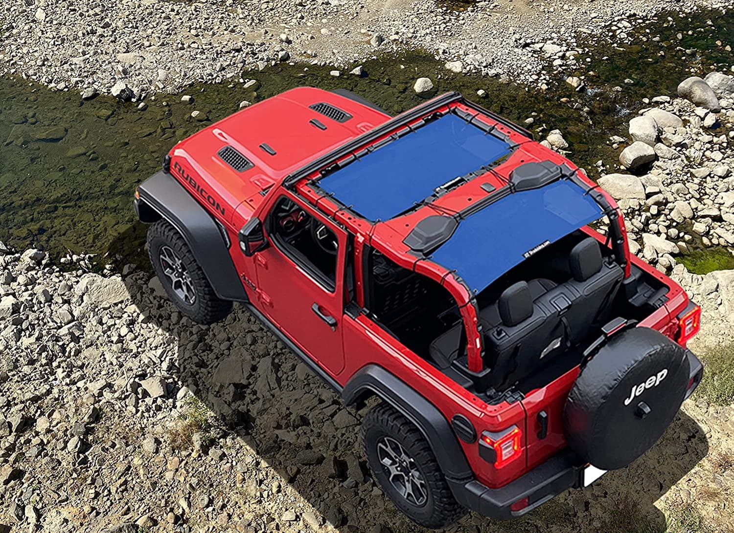 Shadeidea JL Sun Shade for Jeep Wrangler 2 Door Top Sunshade ( 2018 - Current ), Front & Rear - Blue Mesh Screen Wrangler Cover, UV Blocker with Grab Bag Pouch - 10 Years Warranty