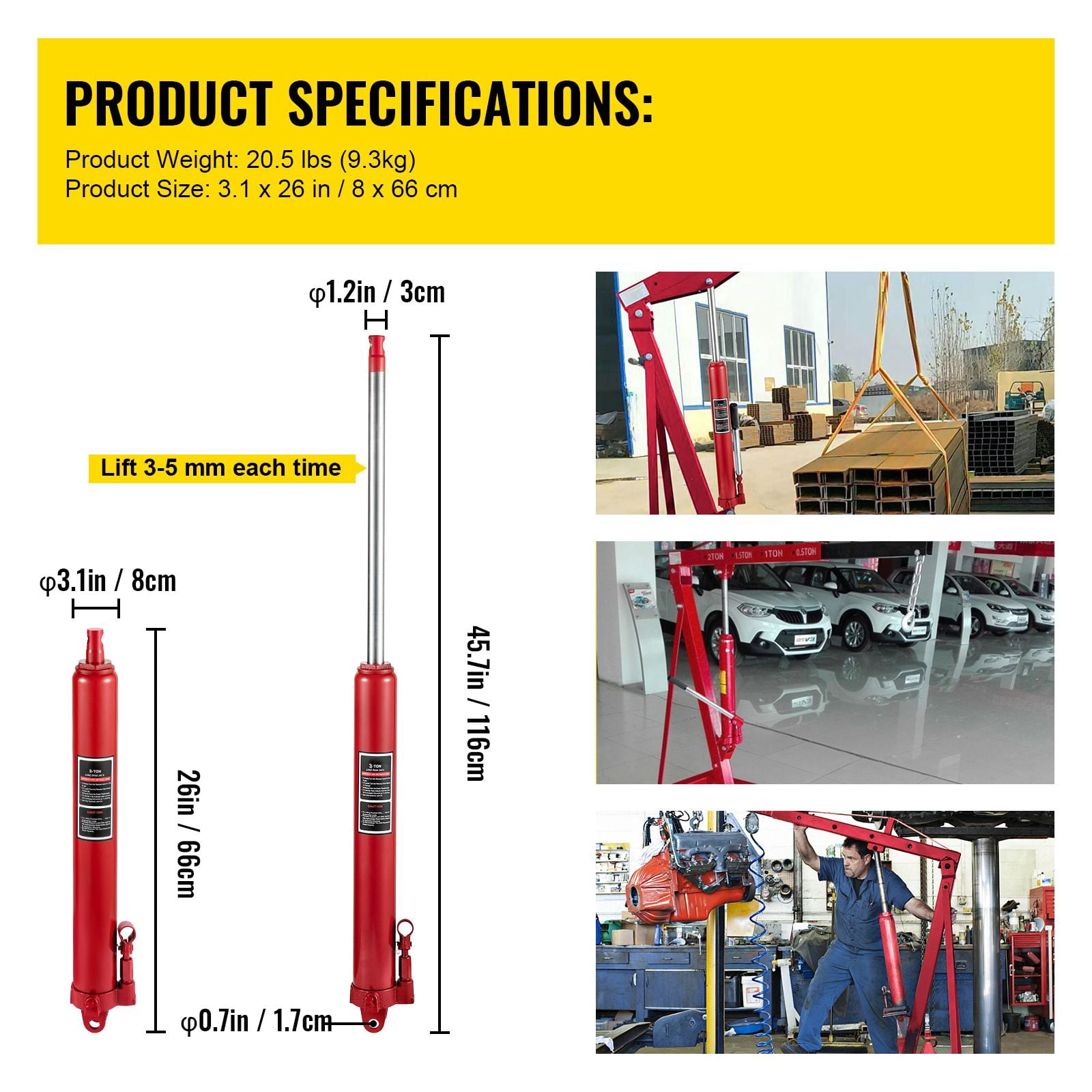 Hydraulic Long Ram Jack, 3 Tons/6600 lbs Capacity, with Single Piston Pump and Clevis Base, Manual Cherry Picker with Handle, for Garage/Shop Cranes, Engine Lift Hoist, Red (Only Jack)