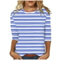 thumbnail image 2 of HOMBOM Crew Neck Women Blouses Light Blue 3/4 Sleeve Pullover Casual Striped T Shirt, 2 of 4