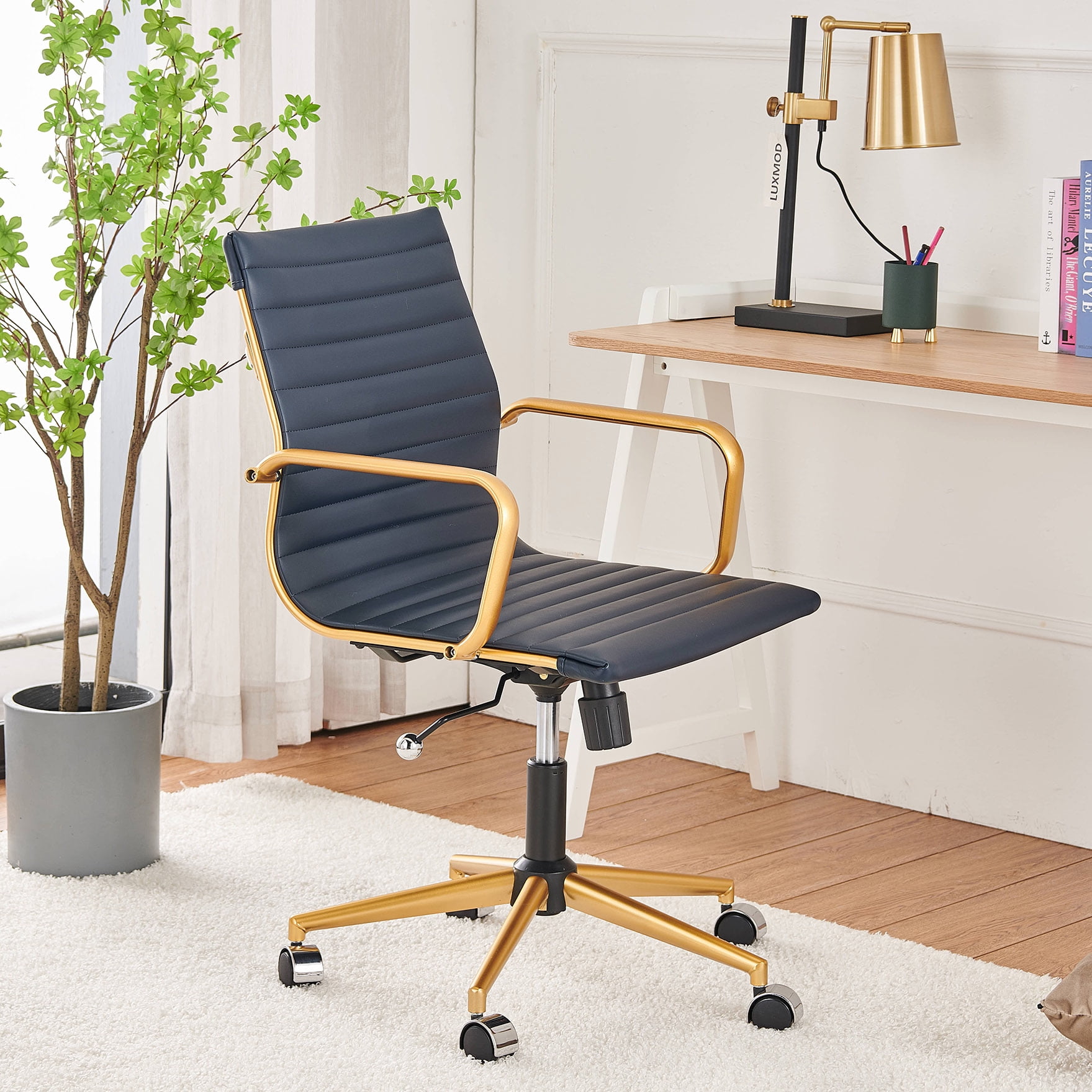 LUXMOD® Mid Back Gold Office Chair in Blue Leather
