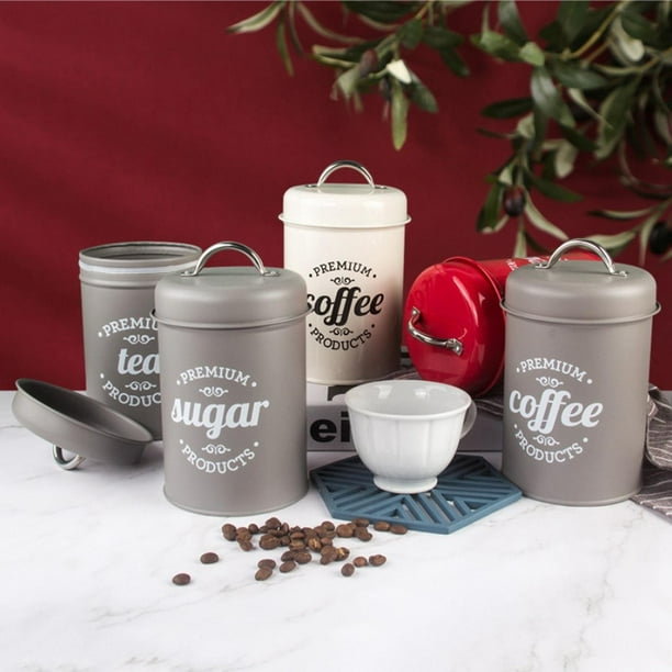 Frascos de cocina de metal antioxidante de 3 piezas con tapas herméticas Juego de botes de azúcar de café y té para encimeras de cocina, estantes, arm Gris mate Macarena Botes de cocina