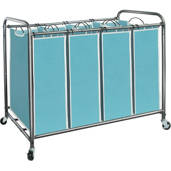Four-compartment laundry basket, 47.8 gallon (181 liter) wheeled laundry basket, clothes separator basket, wheeled clothes separation basket trolley and removable bags.